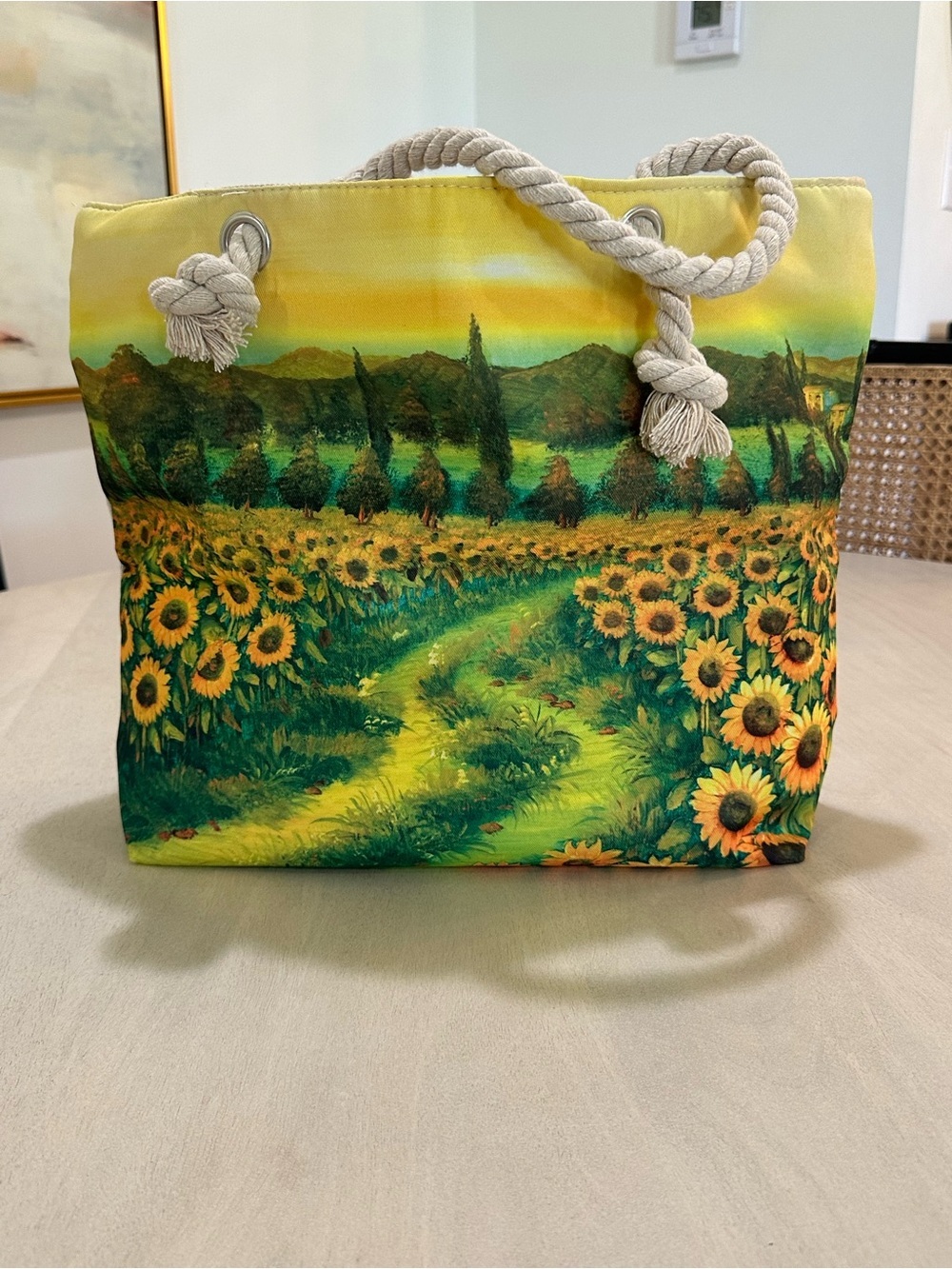 Sunflower Canvas Tote Bag with Rope Handles - Yellow Green